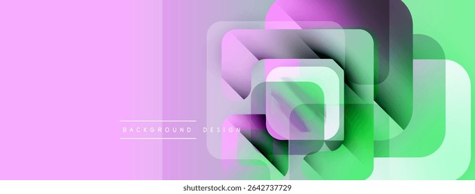 Abstract geometric layers create vibrant, colorful background. Soft gradients blend pink, green, purple hues. Modern design element.