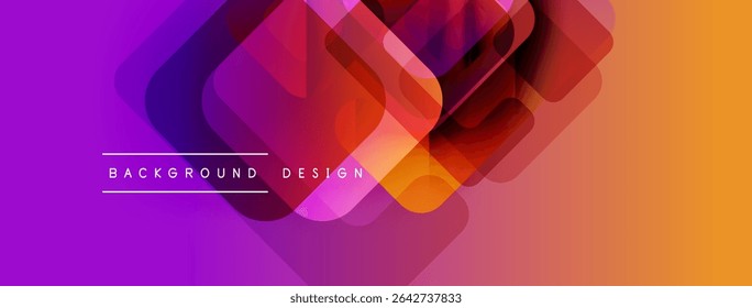 Abstract geometric layers create vibrant gradient background. Purple, orange hues dominate design, offering modern aesthetic.