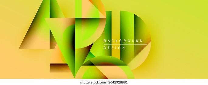 Abstract geometric layers create vibrant yellow background. Modern design features overlapping shapes, gradients, text elements.