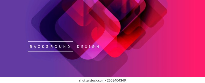 Abstract geometric layers create vibrant gradient effect. Modern design with purple, pink hues. Minimalist text element present.