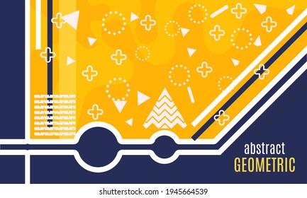 Abstract geometric layout with corner cut shape, playful plus sign, triangle, stripe, circular dash, and offset lines arranged in bold contrast under retro neo memphis visual direction.