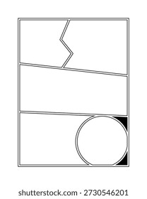 Layout geométrico abstrato com linhas irregulares, trapézio e círculo em contorno preto. Ideal para design, quadrinhos e conceitos visuais modernos
