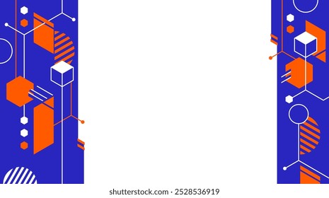 Abstract geometric layout or slideshow template, left and right margins, bright blue and orange colors
