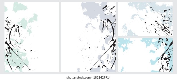 Abstract Geometric Layouts. Irregular Handmade Black Splashes and Various Blue Daubs on a White Background. Funny Simple Creative Design. Infantile Style Expressive Painting.