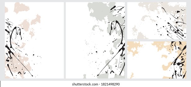 Abstract Geometric Layouts. Irregular Handmade Black Splashes and Light Gray and Pale Yellow Daubs on a White Background. Funny Simple Creative Design. Infantile Style Expressive Painting.