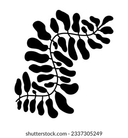 Resumen del elemento botánico de hoja geométrica aislado en blanco. Mínima planta contemporánea floral negra, rama de curva tropical. Forma de botánica de verano dibujada a mano. Ilustración vectorial.
