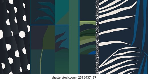 Abstract geometric leaves with polka dot collage pattern. Dynamic contemporary print. Fashionable template for design. 