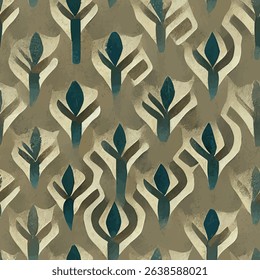 Abstract geometric leaves in teal and taupe on an earthy brown background, grunge lines ikat pattern, striped seamless pattern, Vector illustration background for print the paper.