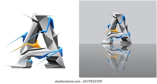 Abstract geometric A letter. Digital technology alphabet. Modern polygonal ABC in gray cement color with blue yellow abstract elements. 3D font letter with reflection on the floor. Vector illustration