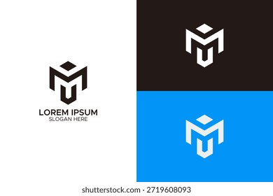 Abstractas diseño geométrico del logotipo de la letra M o U con escudo y Elementos de diamante. Monograma minimalista moderno para seguridad, construcción, bienes raíces, finanzas e identidad empresarial corporativa