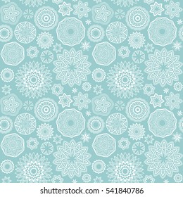 Abstract geometric light blue and white background. Polygonal and circle shapes wallpaper. Vector abstract christmas snowflakes seamless pattern. 