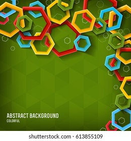 Abstract geometric light template with colorful hexagons on green triangular background vector illustration