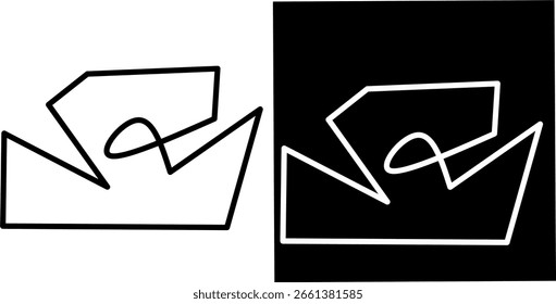 Arte de linha geométrica abstrata com ângulos e loops afiados em um traçado contínuo. Apresentado em versões minimalistas preto-sobre-branco e branco-sobre-preto.

