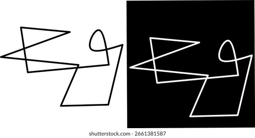 Abstract geometric line art featuring sharp angles and loops in a continuous stroke. Presented in both black-on-white and white-on-black minimalist versions.
