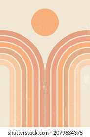 Abstract geometric line art poster. Modern trendy mid century style. Rainbow, sun. Pastel colors. Minimal design for wallpaper, wall decor, postcard, print, background. Vector illustration.