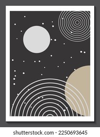 Abstract geometric line art poster. Hand draw minimalist creative boho wall decor shapes. Modern graphic poster with lines, dots, circle on black background. Vector illustration for print, brochure 