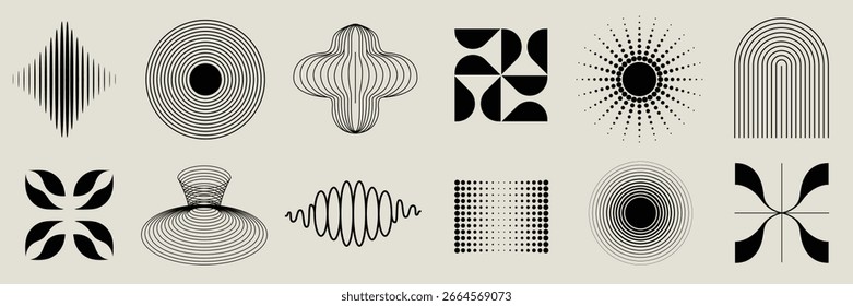 Abstract Geometric Line Art Shapes and Minimalist Pattern Elements in Modern Retro Style with Circles, Waves, Dots, and Symmetry for Contemporary Graphic Design