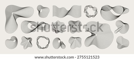 Abstract geometric line art vector set with freeform blob and contour line elements. Minimal black and white decorative shapes with wavy curves, dots, circles, and modern abstract forms for posters, branding, packaging, and wall art.