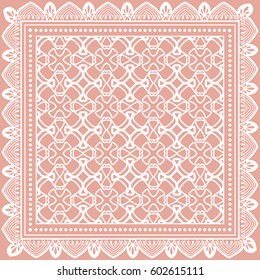 Abstract geometric line background, square linear pattern with lace frame, tribal ethnic ornament. Bandanna shawl fabric print, silk neck scarf or kerchief design, vector illustration.
