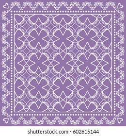 Abstract geometric line background, square linear pattern with lace frame, tribal ethnic ornament. Bandanna shawl fabric print, silk neck scarf or kerchief design, vector illustration.