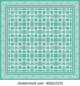 Abstract geometric line background, square linear pattern with lace frame, tribal ethnic ornament. Bandanna shawl fabric print, silk neck scarf or kerchief design, vector illustration.