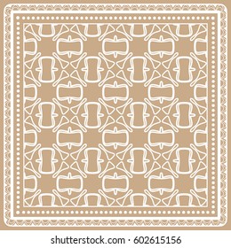 Abstract geometric line background, square linear pattern with lace frame, tribal ethnic ornament. Bandanna shawl fabric print, silk neck scarf or kerchief design, vector illustration.
