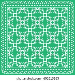 Abstract geometric line background, square linear pattern with lace frame, tribal ethnic ornament. Bandanna shawl fabric print, silk neck scarf or kerchief design, vector illustration.