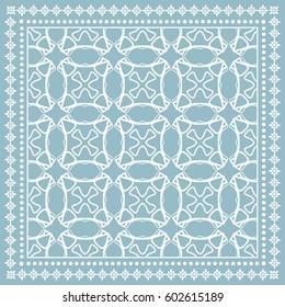 Abstract geometric line background, square linear pattern with lace frame, tribal ethnic ornament. Bandanna shawl fabric print, silk neck scarf or kerchief design, vector illustration.