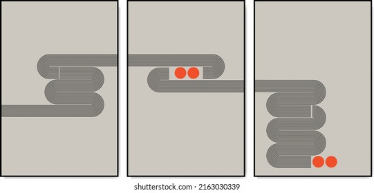 Abstract geometric of line, curve and shape background. Wall art of shape and form in black, grey and orange. Mid century modern minimalist art print.