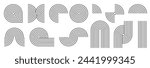 Abstract geometric line elements, mid century shapes set. Vector design contemporary figures: circle, arch, wave, retro sunrise icon. Editable stroke.