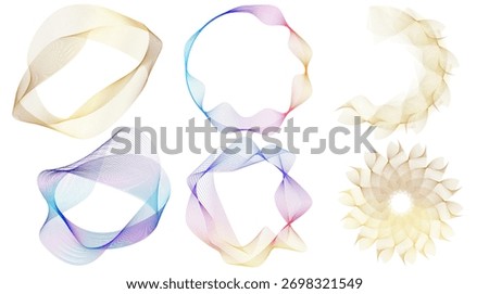 Abstract geometric line and gradient wave shapes set. Modern design elements with flowing curves and circular compositions for digital art, branding, minimal backgrounds, and decorative visuals