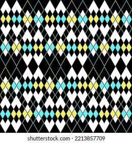 Abstract geometric line graphic heart diamond shape seamless pattern on black background. Modern retro vintage tribal design vector for textile, wallpaper, clothing, backdrop, tile, wrapping, fabric.