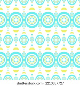 Abstract geometric line graphic shape seamless pattern blue and yellow on white background. Modern retro boho motif design vector for textile, wallpaper, clothing, backdrop, tile, wrapping, fabric.