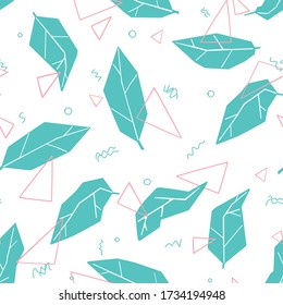 abstract, geometric line and leaves, vector seamless pattern