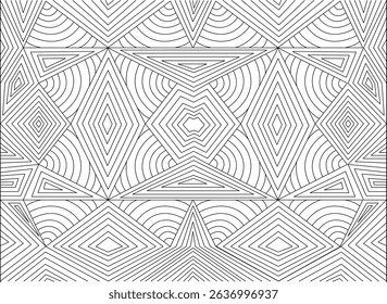 Abstract Geometric Line Pattern Background, Intricate black and white linear geometric pattern featuring various shapes like diamonds, triangles, and arcs, creating a complex and visually engaging