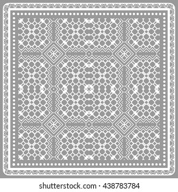 Abstract geometric line pattern with ornate frame, tribal ethnic ornament. Bandanna shawl fabric print, silk neck scarf or kerchief design, vector illustration. Vector outline lace background