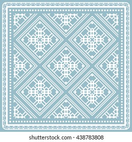 Abstract geometric line pattern with ornate frame, tribal ethnic ornament. Bandanna shawl fabric print, silk neck scarf or kerchief design, vector illustration. Vector outline lace background