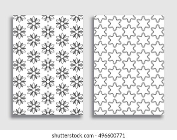 Abstract geometric line patterns. Linear ornamental pattern in gray and white color. Vector set of lace backgrounds size A4. Ornaments with repeating texture for wallpaper, flyers, invitation cards