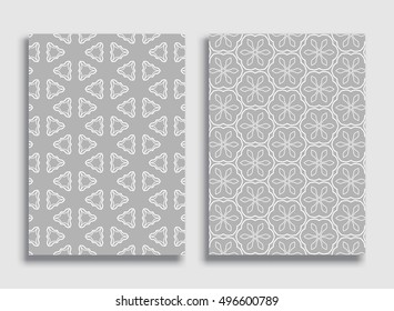 Abstract geometric line patterns. Linear ornamental pattern in gray and white color. Vector set of lace backgrounds size A4. Ornaments with repeating texture for wallpaper, flyers, invitation cards