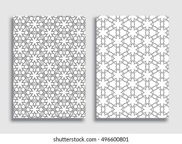 Abstract geometric line patterns. Linear ornamental pattern in gray and white color. Vector set of lace backgrounds size A4. Ornaments with repeating texture for wallpaper, flyers, invitation cards