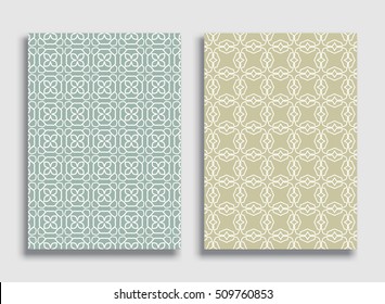 Abstract geometric line patterns. Linear ornamental pattern in arabian style. . Vector set of lace backgrounds for greeting card, wedding invitation, brochure, flyer. A4 size
