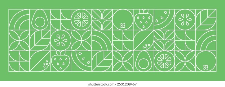 Abstract geometric linear background.Fresh organic food.Fruits, leaves and berries. Watermelon, avocado, strawberry and orange slices.Vector monochrome illustration.Set of icons in simple flat style.