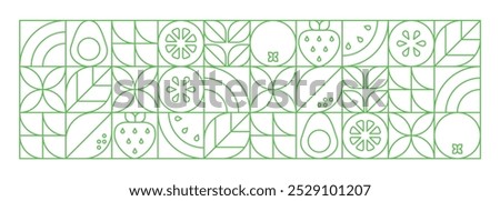 Abstract geometric linear background.Fresh organic food.Fruits, leaves and berries. Watermelon, avocado, strawberry and orange slices.Vector monochrome illustration.Set of icons in simple flat style.