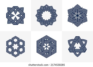 Abstract geometric linear symbols vector set, graphic design elements for logo creation, intertwined lines vintage style icons collection.