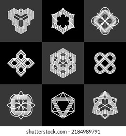 Abstract geometric linear symbols vector set, graphic design elements for logo creation, intertwined lines vintage style icons collection.