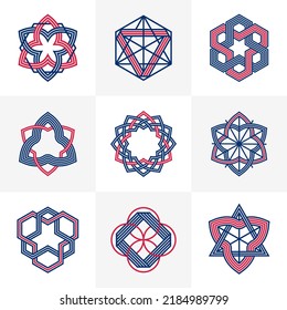 Abstract geometric linear symbols vector set, graphic design elements for logo creation, intertwined lines vintage style icons collection.