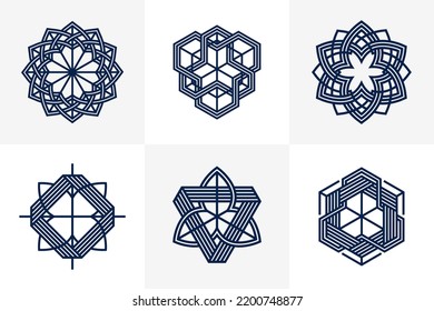 Abstract geometric linear symbols vector set, graphic design elements for logo creation, intertwined lines vintage style icons collection.