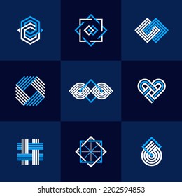 Abstract geometric linear symbols vector set, graphic design elements for logo creation, intertwined lines vintage style icons collection.