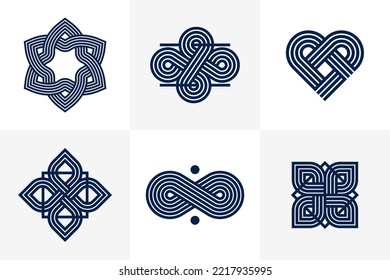 Abstract geometric linear symbols vector set, graphic design elements for logo creation, intertwined lines vintage style icons collection.