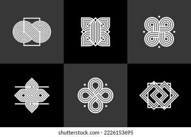 Abstract geometric linear symbols vector set, graphic design elements for logo creation, intertwined lines vintage style icons collection.
